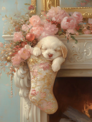 Detailed painting of a small puppy curled up inside an ornate Christmas stocking hanging from a fireplace mantle, rendered in James Christensen’s detailed and whimsical artistic style.