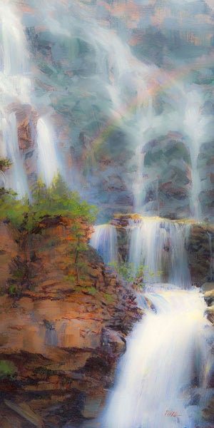 Majestic landscape painting of a cascading waterfall flowing over rugged cliffs, surrounded by mist, flora, and rocks, creating a serene and tranquil outdoor scene.