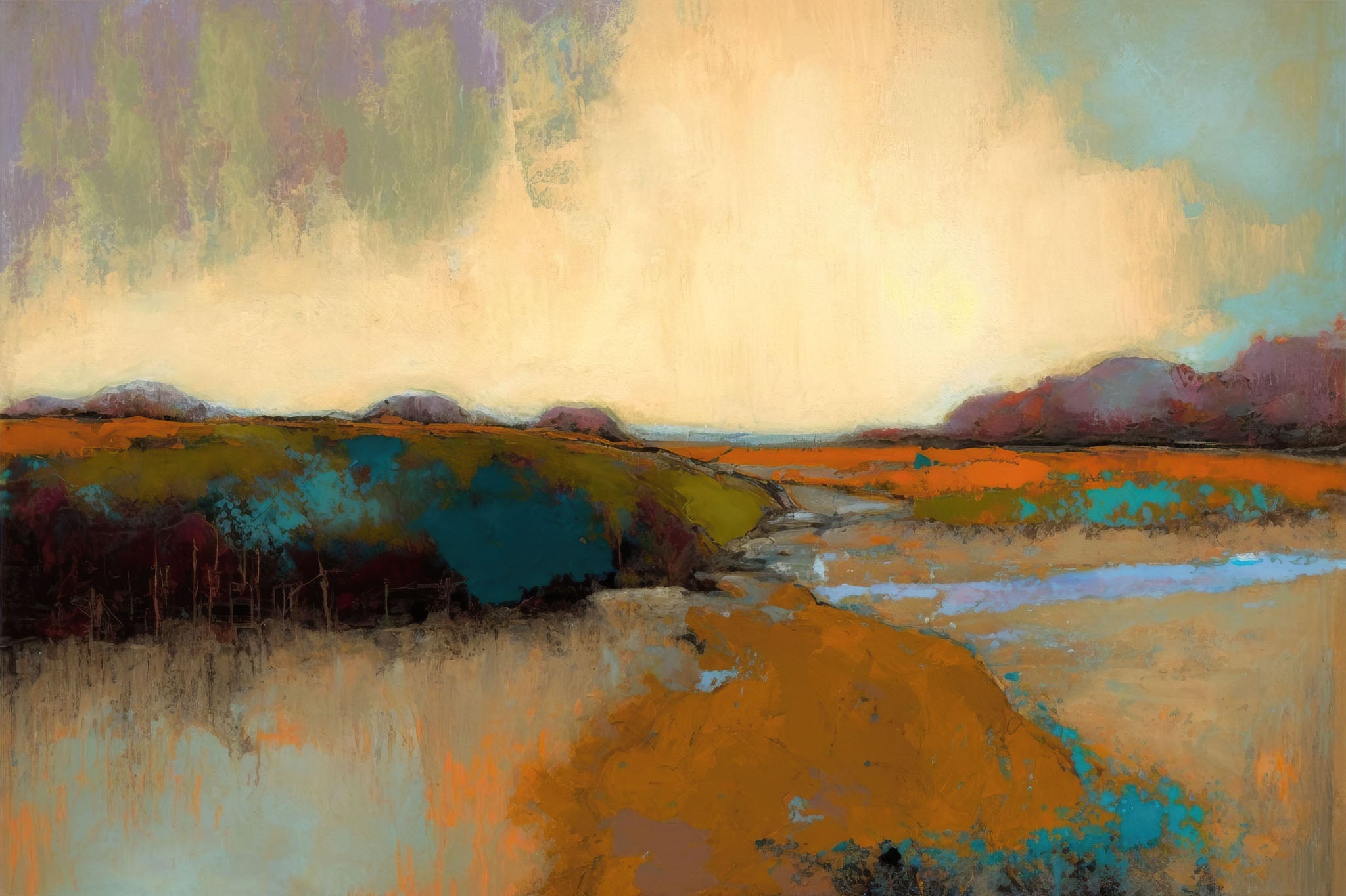 An abstract landscape painting featuring warm earth tones, soft color blocks, and reflections, evoking a peaceful sunrise over water.