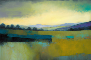 Abstract landscape painting of a peaceful sunrise over rolling hills and open fields with warm yellows, greens, and blues, evoking tranquility and nature’s calm.