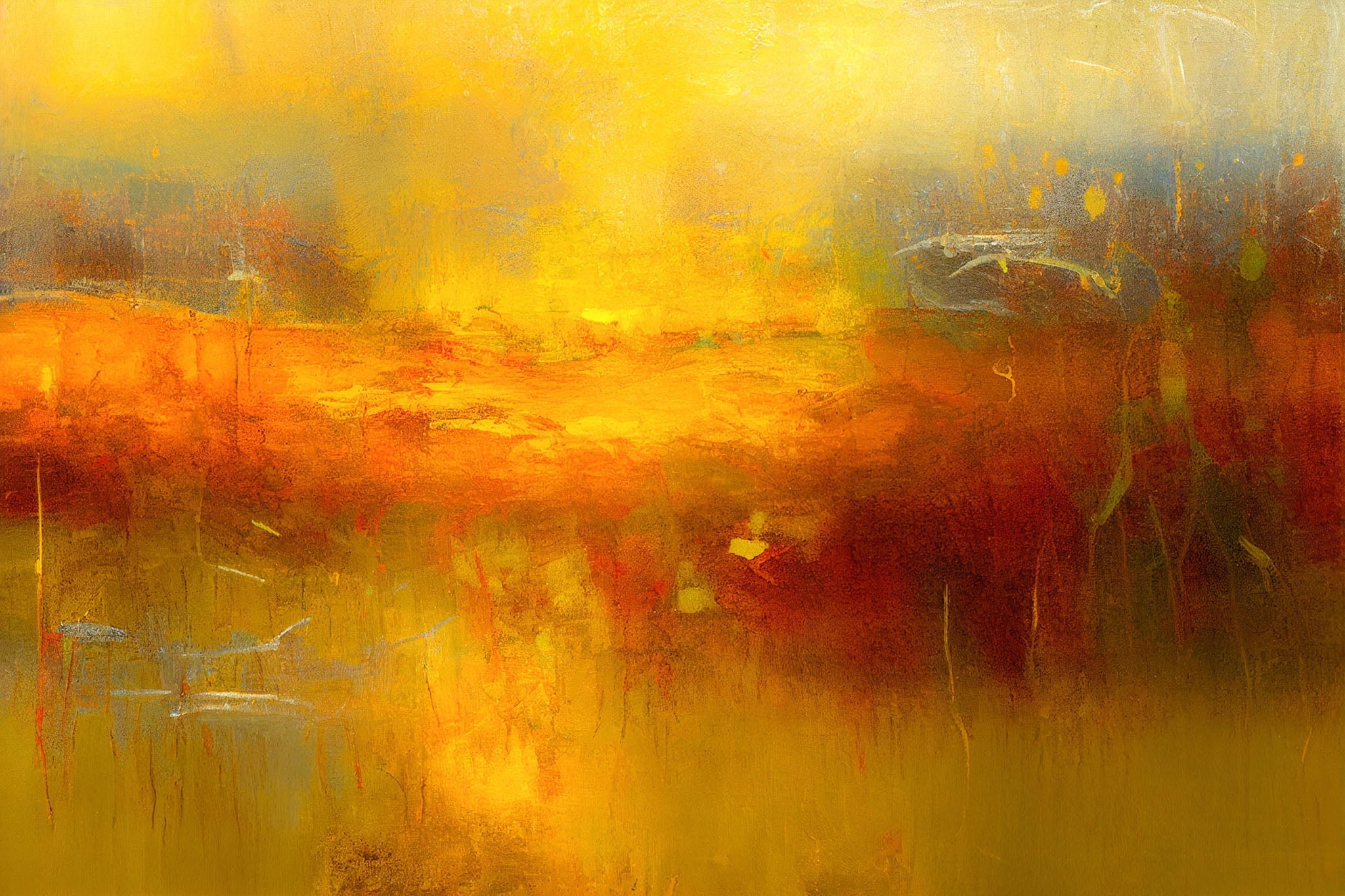 Abstract landscape painting of a fiery sunset over a prairie, featuring warm hues of orange, yellow, and red, with soft blues and beiges, creating a serene yet intense atmosphere.