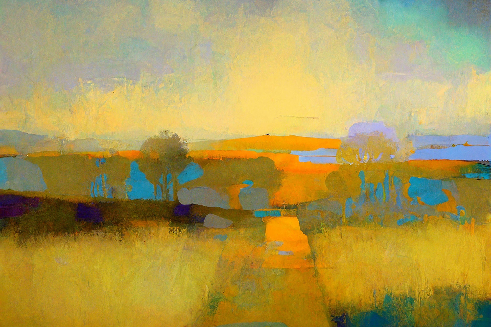 Abstract landscape painting of a tranquil meadow at dusk, featuring soft hues of orange, beige, blue, and yellow, evoking a warm and peaceful atmosphere.