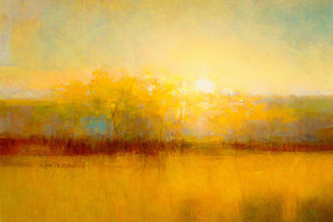 Abstract landscape painting depicting a serene sunrise over the savannah, featuring warm hues of orange, beige, blue, and yellow, capturing the tranquility of dawn.