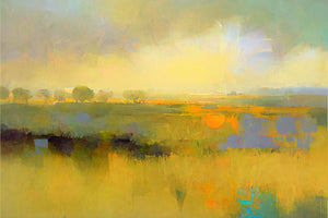 Abstract landscape artwork illustrating a tranquil sunrise with light morning rain, featuring pastel shades of yellow, green, and orange, evoking serenity and nature's beauty.