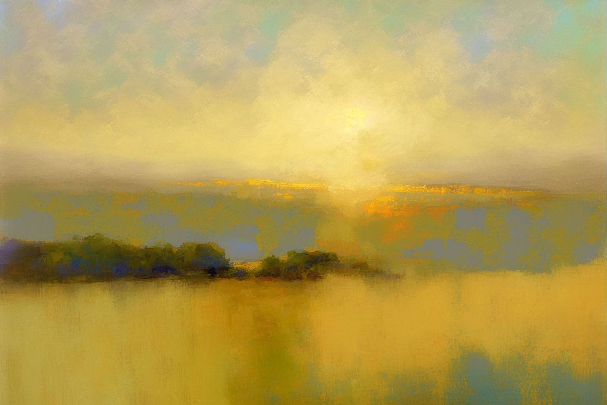 Abstract landscape artwork depicting a tranquil sunrise with soft hues of orange, yellow, and blue, creating a serene atmosphere filled with mist and warm sunlight.