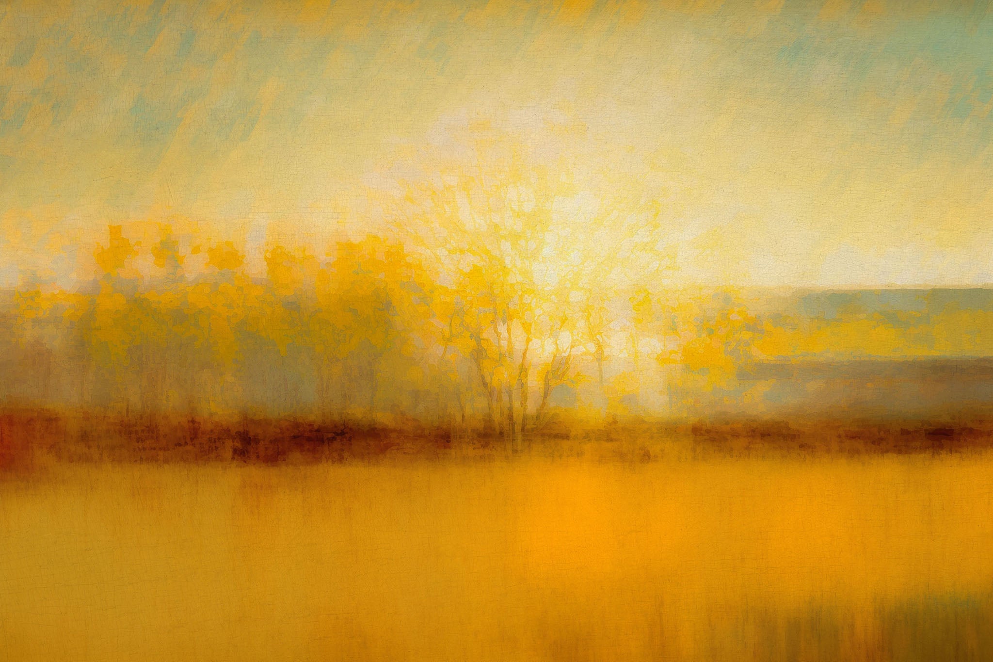 Abstract landscape artwork featuring a luminous tree against a serene dawn backdrop, showcasing warm colors of yellow, orange, and blue that evoke tranquility and beauty.