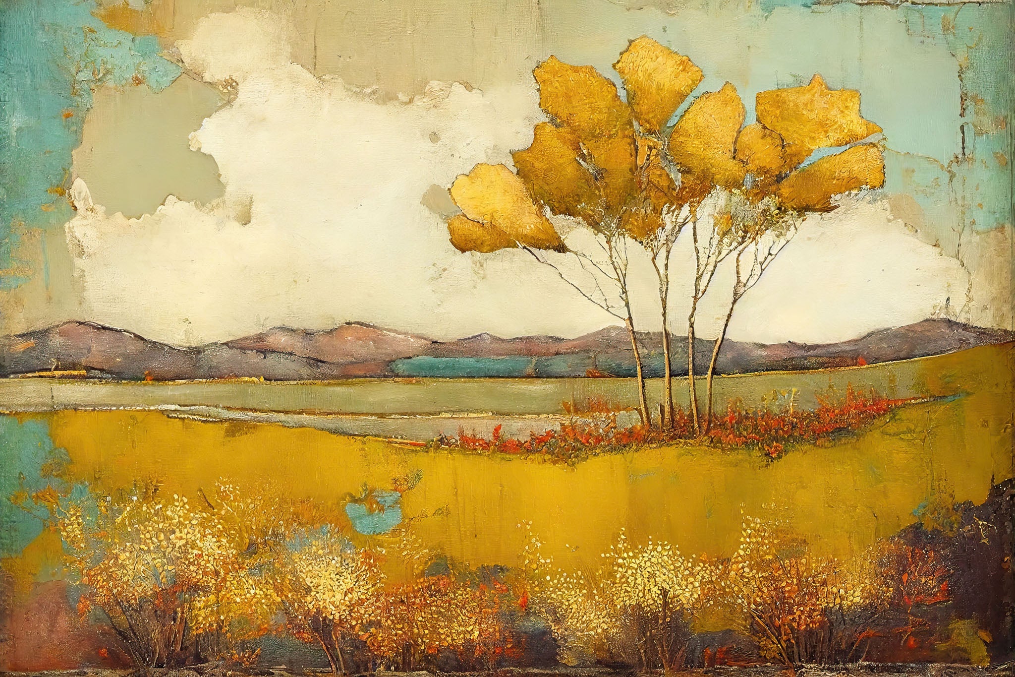 Landscape art showcasing vibrant autumn leaves in golden hues against serene blues and beiges, creating a tranquil and warm atmosphere.