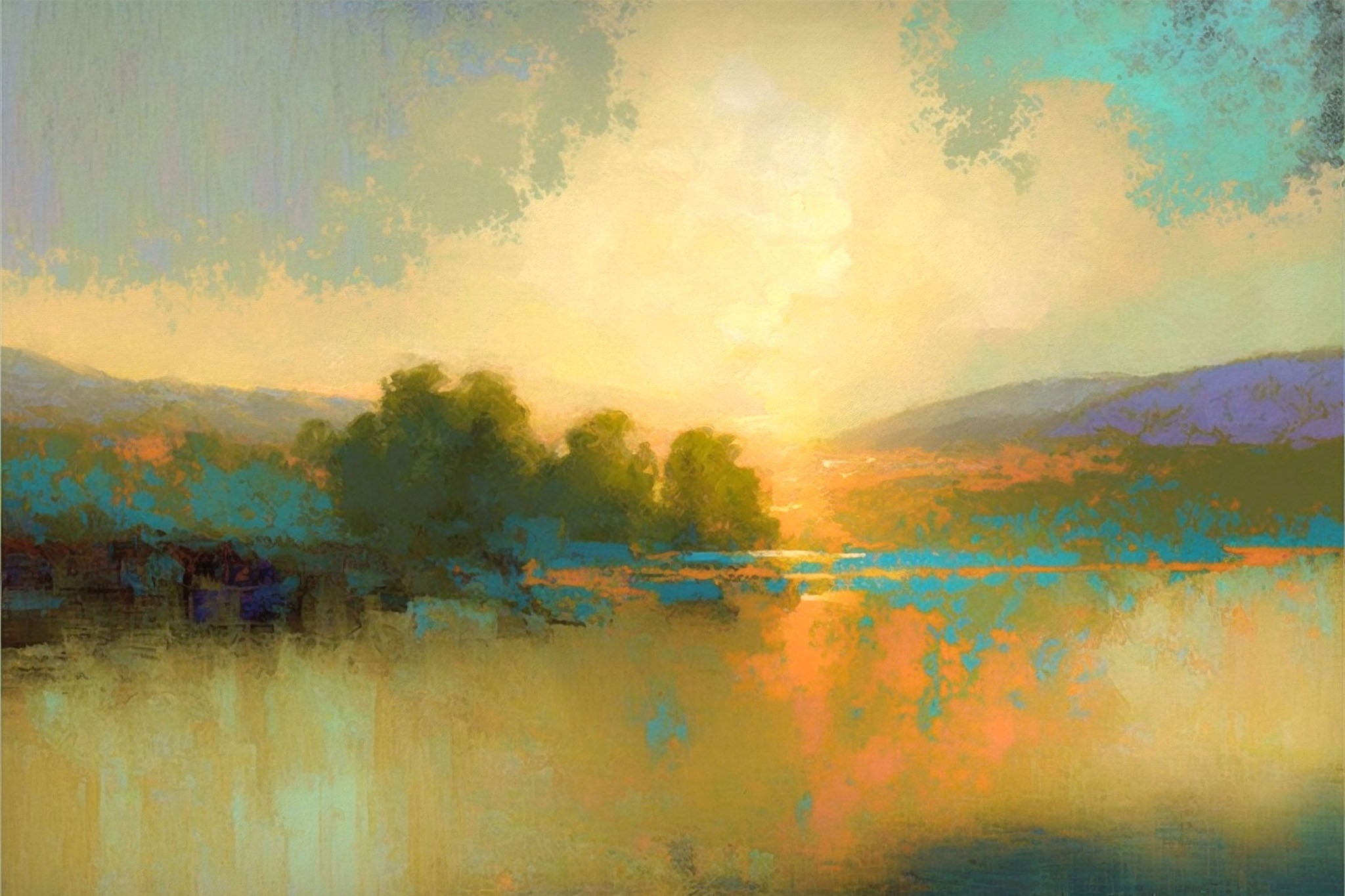 Abstract landscape art depicting a serene summer lake at dawn, featuring pastel hues of orange, blue, and beige that reflect the warmth of a golden sunrise, evoking tranquility and peace.