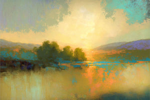 Abstract landscape art depicting a serene summer lake at dawn, featuring pastel hues of orange, blue, and beige that reflect the warmth of a golden sunrise, evoking tranquility and peace.