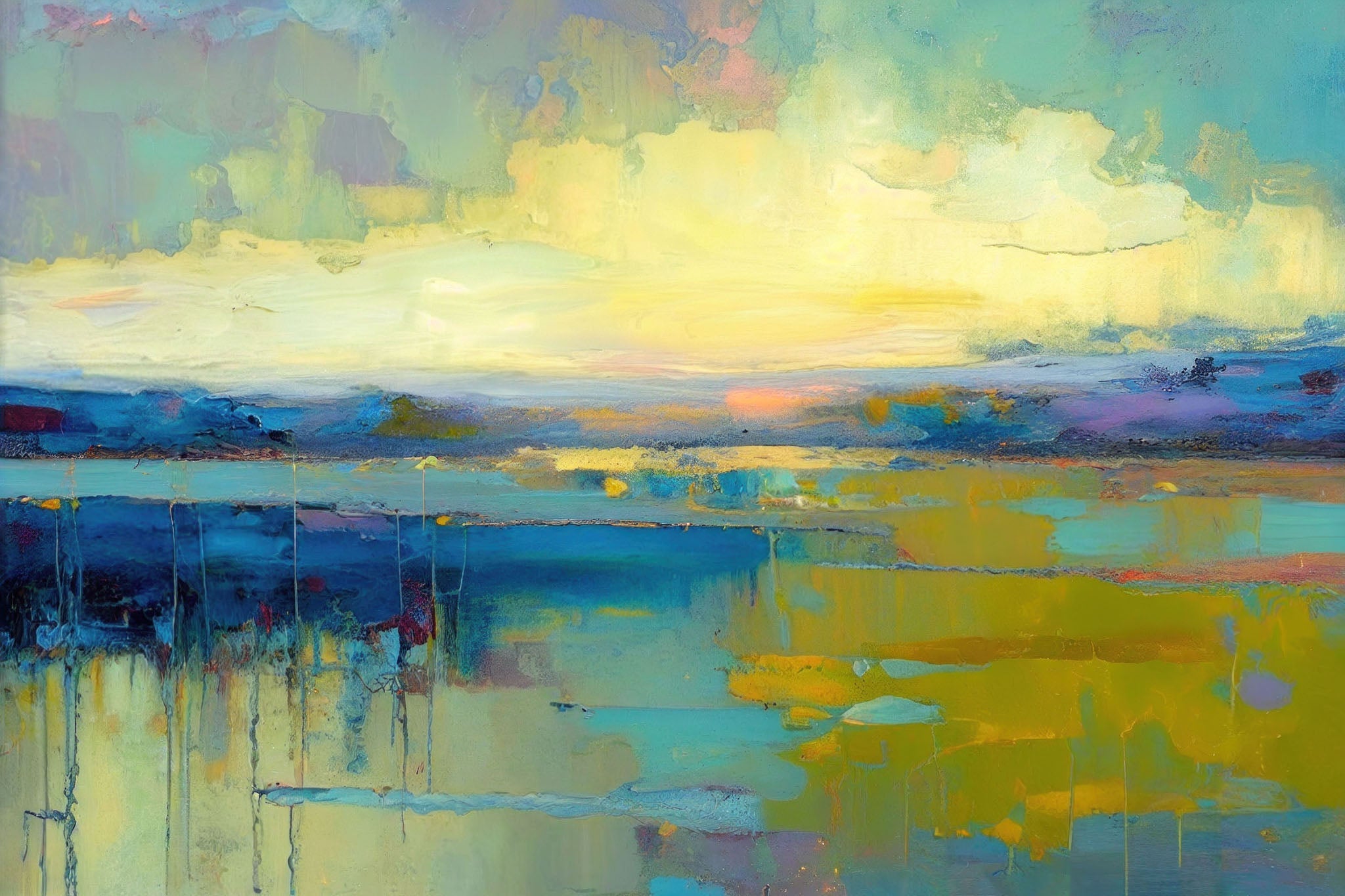 Abstract painting showcasing a tranquil sunset over calm waters, with pastel yellows, blues, and oranges reflecting a serene dusk atmosphere.