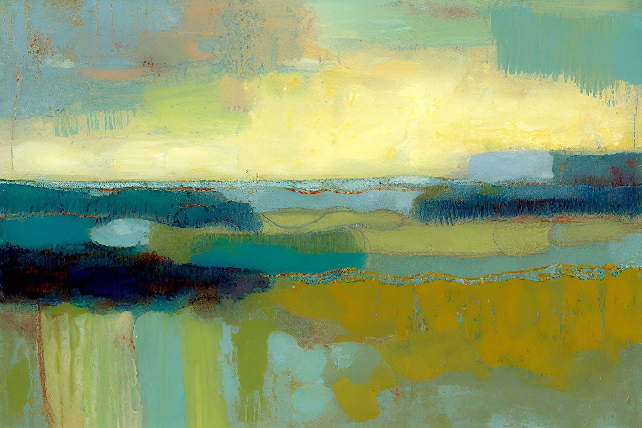 Abstract landscape painting capturing the serene beauty of dawn over a peaceful lake, featuring gentle yellow, green, and blue hues that evoke tranquility and calmness.