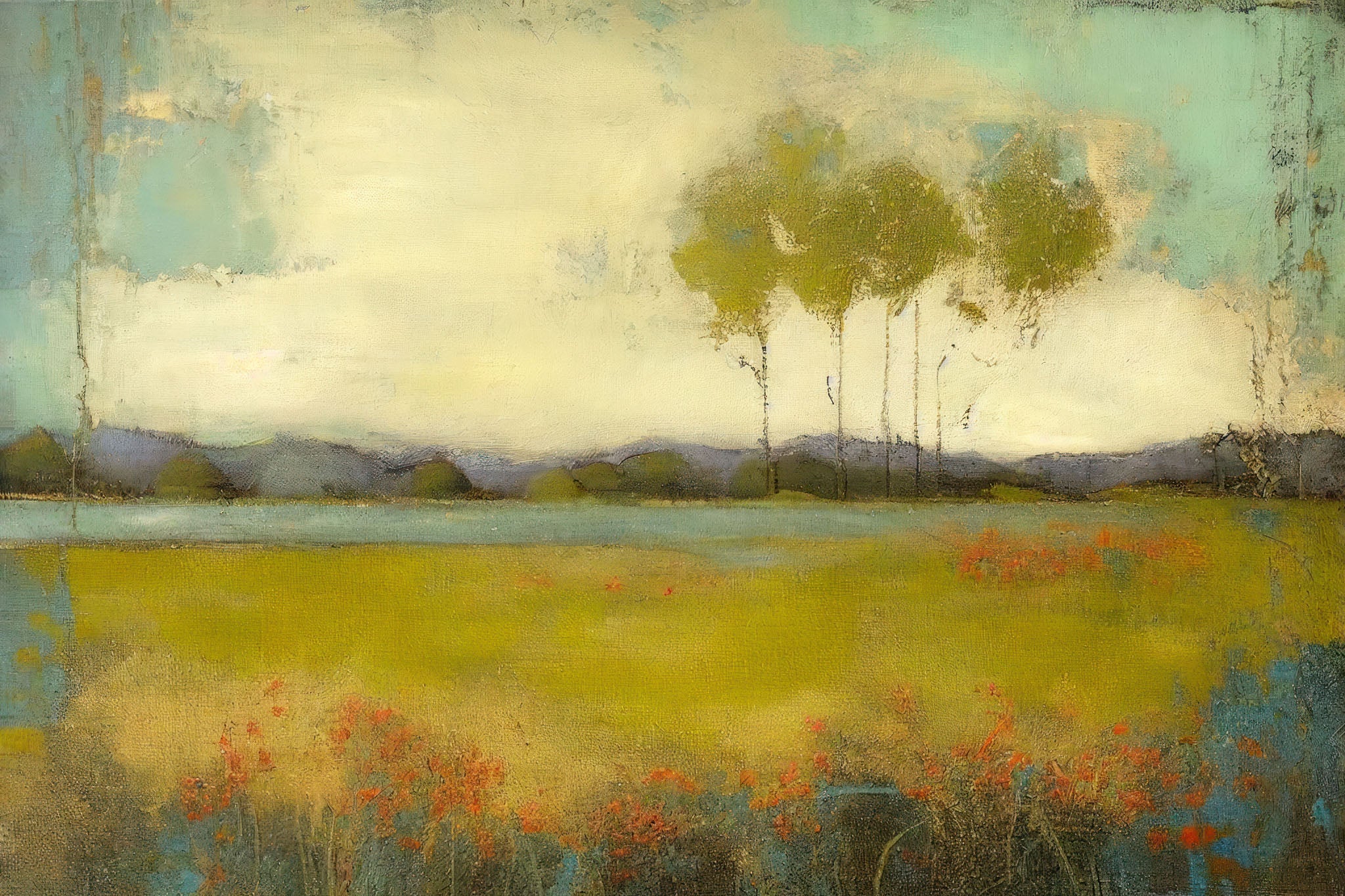 Dreamy abstract landscape painting portraying a serene spring meadow with soft pastels, trees, and blossoms, evoking tranquility and calmness in nature.