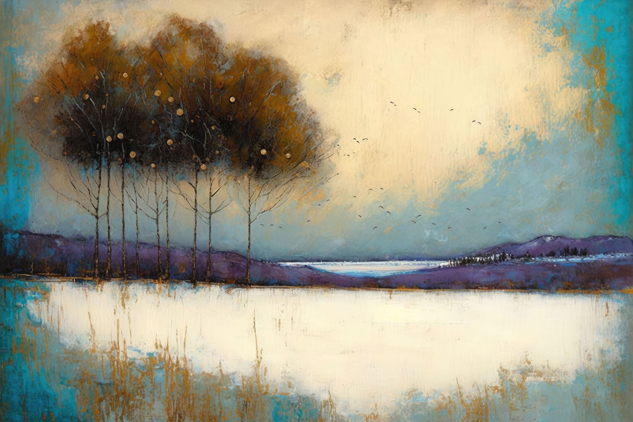 Abstract landscape painting of a tranquil winter lake surrounded by snowy hills and silhouetted trees, capturing the calmness and beauty of a winter twilight scene.