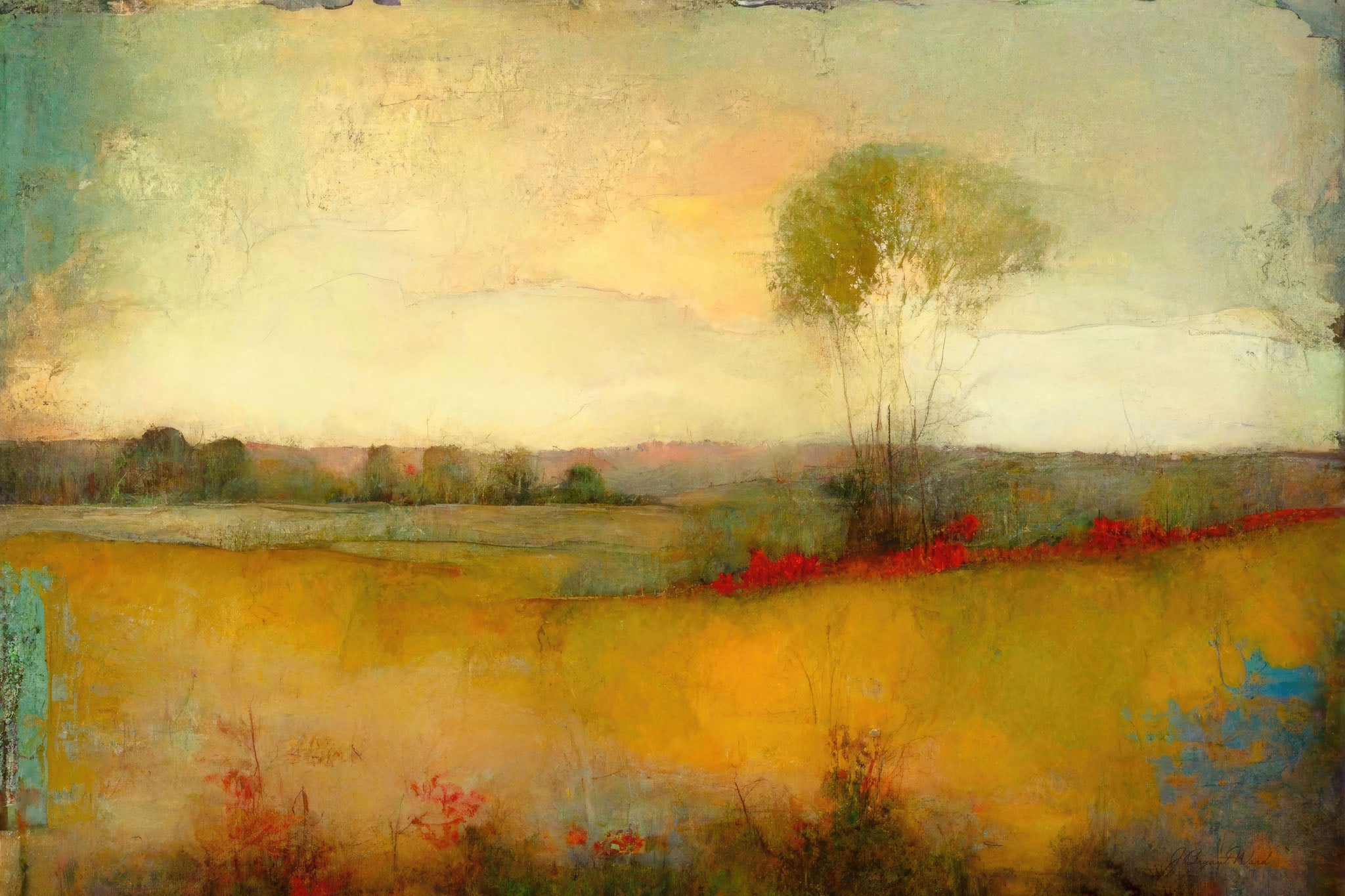 Abstract landscape painting showcasing vibrant fields in warm colors of amber and crimson, evoking nostalgia and the beauty of summer memories.