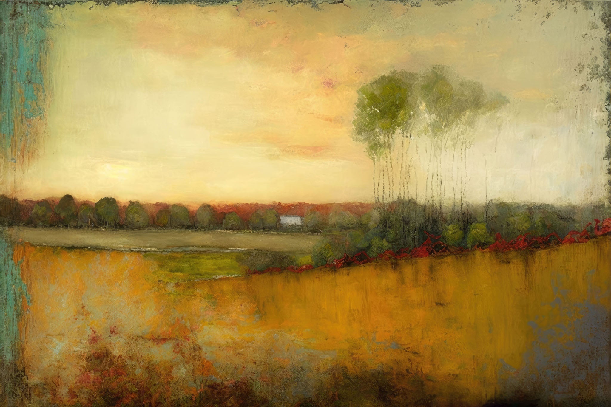 Abstract painting featuring a vibrant autumn landscape with warm golden, orange, and red hues, capturing the essence of nostalgia and serene countryside beauty.