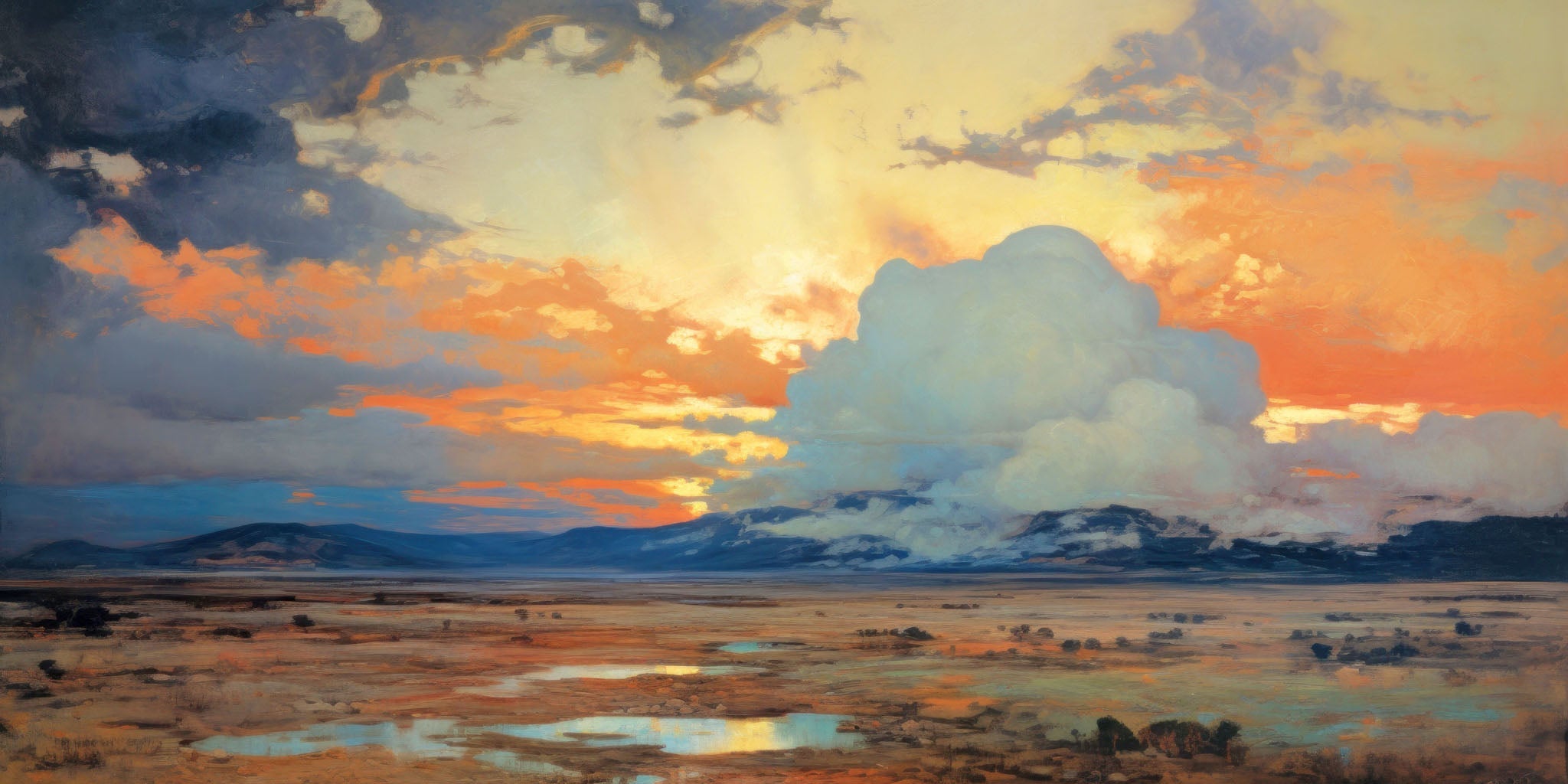 landscape painting of a vibrant sunset over the western plains, showcasing orange and yellow hues in the sky, with reflections on tranquil water, creating a serene and expansive atmosphere.