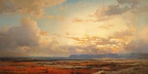 landscape painting of a vibrant sunset over the western plains, showcasing orange and yellow hues in the sky, with reflections on tranquil water, creating a serene and expansive atmosphere.