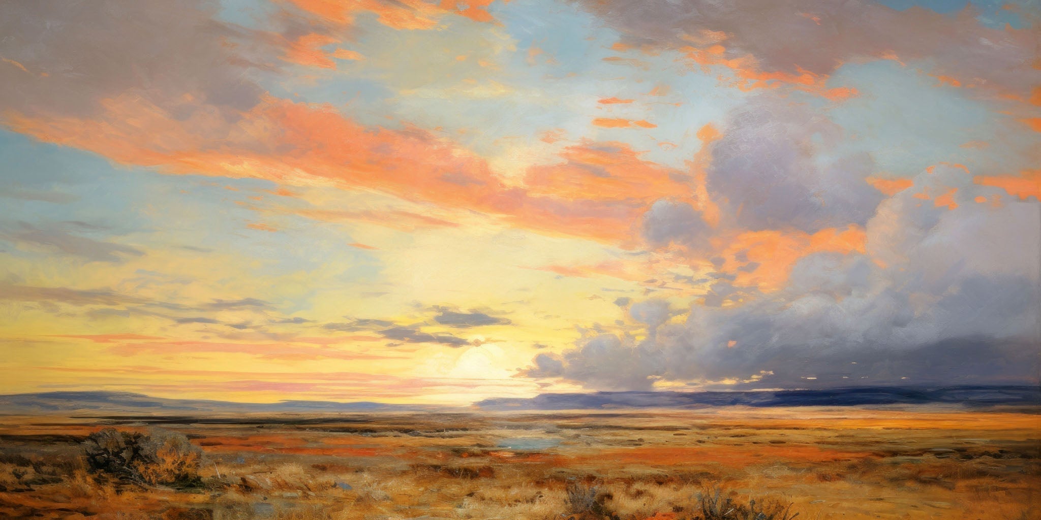 landscape painting of a vibrant sunset over the western plains, showcasing orange and yellow hues in the sky, with reflections on tranquil water, creating a serene and expansive atmosphere.