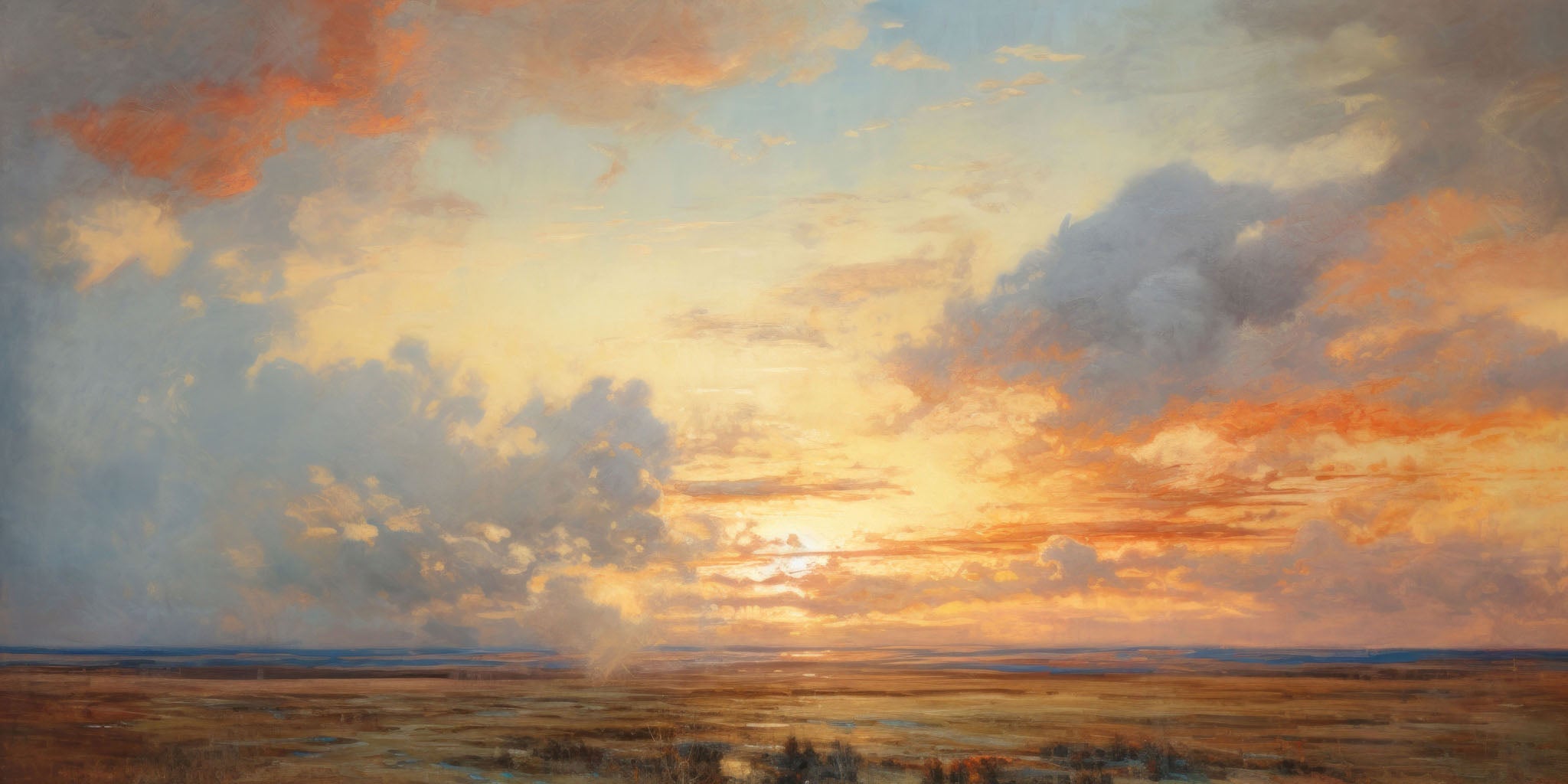 landscape painting of a vibrant sunset over the western plains, showcasing orange and yellow hues in the sky, with reflections on tranquil water, creating a serene and expansive atmosphere.