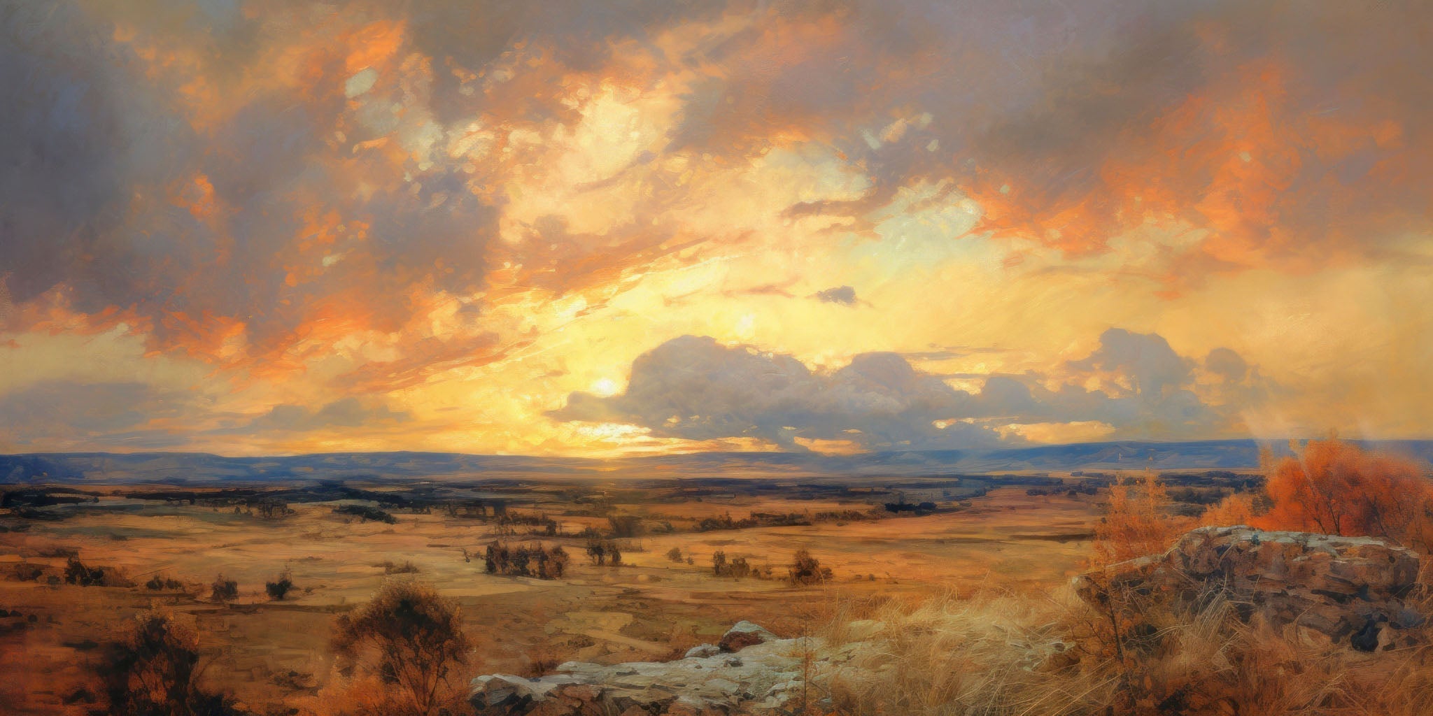 landscape painting of a vibrant sunset over the western plains, showcasing orange and yellow hues in the sky, with reflections on tranquil water, creating a serene and expansive atmosphere.