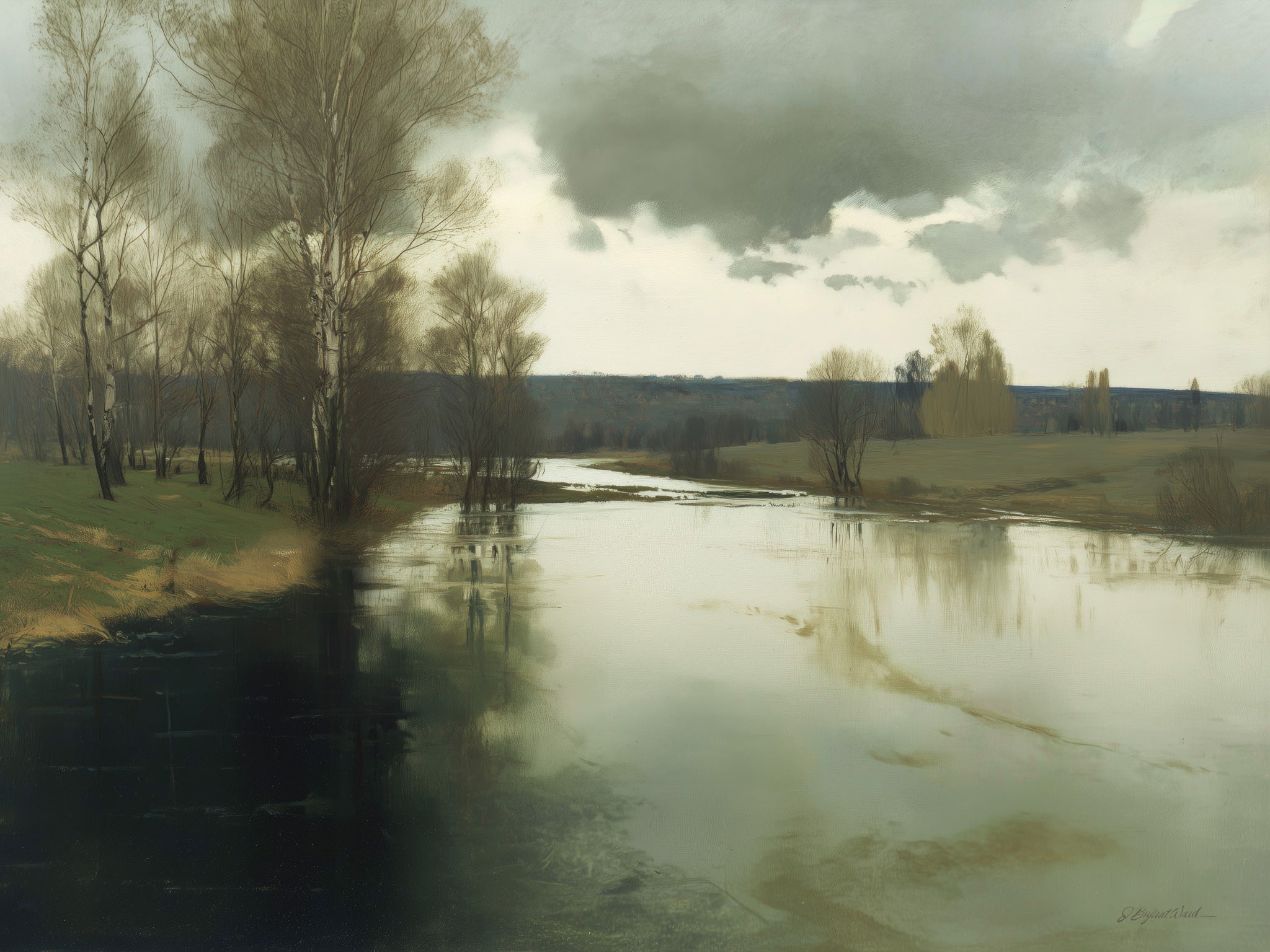 Painterly landscape print depicting a wide, still river or flooded plain in early spring. Bare birch and willow trees line the left bank with their reflections visible in the calm water. A dramatic overcast sky with heavy cumulus clouds fills the upper portion of the image. Rolling, forested hills fade into a misty background. The palette is desaturated with soft greens, warm tans, and cool grays, evoking 19th-century Russian landscape painting traditions.