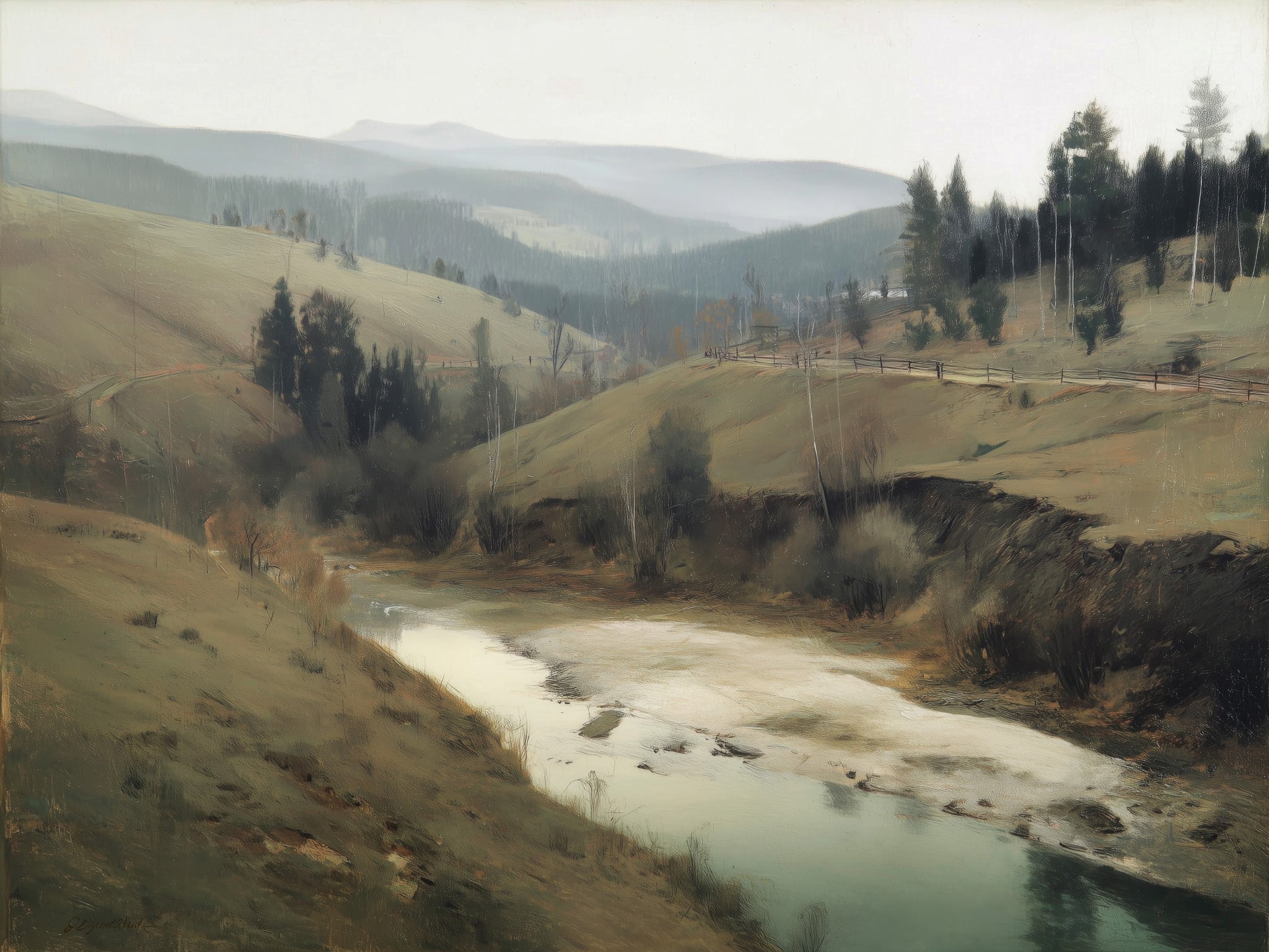 Painterly horizontal landscape print depicting a wide rolling valley in late winter. A partially frozen creek winds through the foreground flanked by bare birch trees and dark conifers. Gently sloping olive-brown hills rise in the mid-ground with a wooden split-rail fence and scattered evergreens. Layered mountain ridges recede into a fog-filled horizon under a pale overcast sky. Muted palette of taupes, sage greens, deep forest tones, and icy whites in a classical oil-painting style.