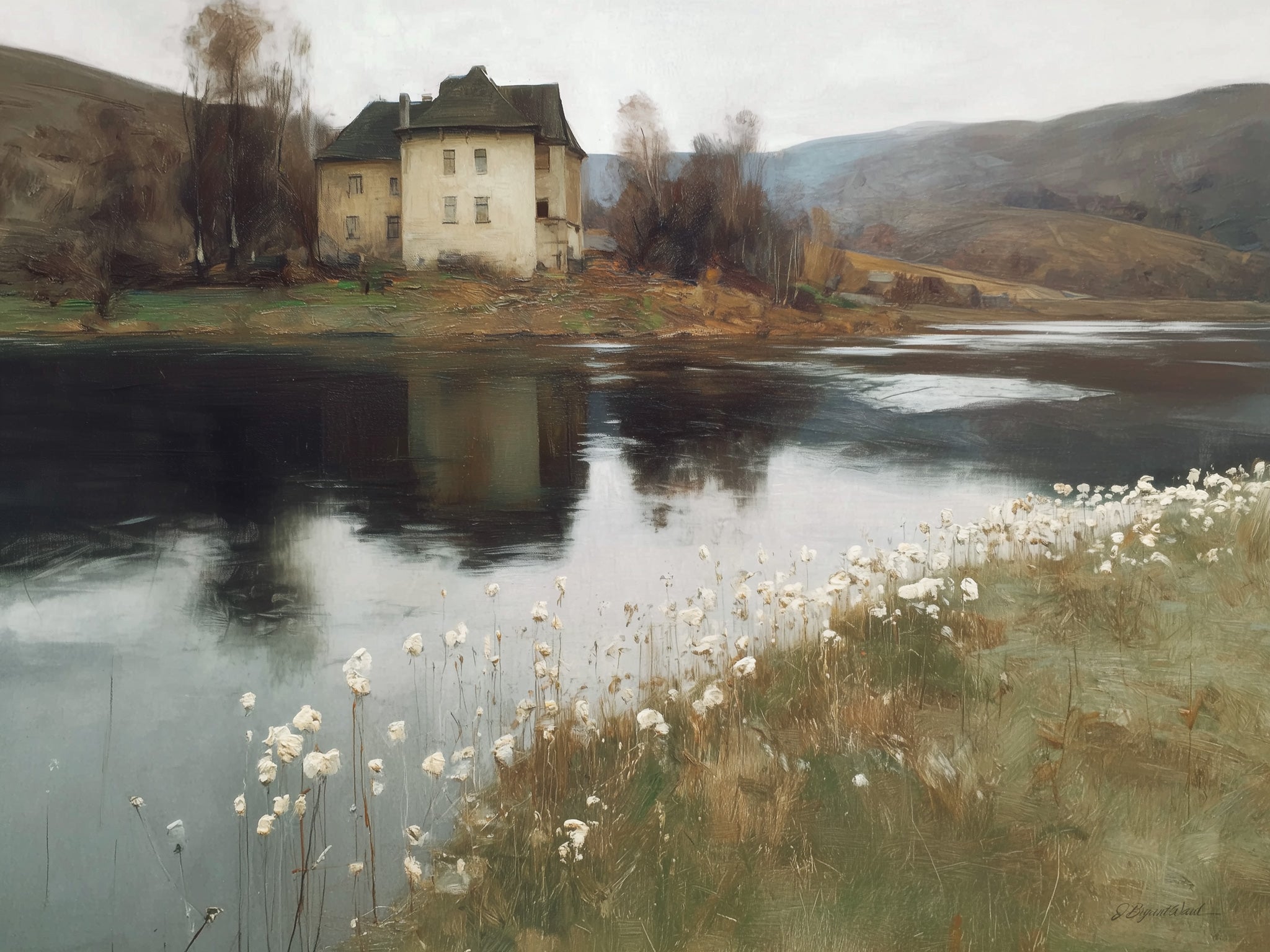 Oil painting style fine art print of a large pale manor house on a hillside reflected in a dark, still lake, with delicate white cotton grass along a marshy foreground shoreline, bare autumn trees, and a muted overcast grey sky, by artist Jay Bryant Ward.