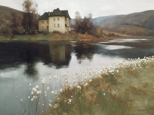 Oil painting style fine art print of a large pale manor house on a hillside reflected in a dark, still lake, with delicate white cotton grass along a marshy foreground shoreline, bare autumn trees, and a muted overcast grey sky, by artist Jay Bryant Ward.