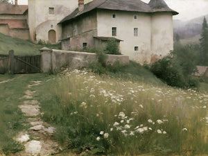 Impressionistic oil painting print of a rustic European alpine village in summer, featuring a winding stone path through a wildflower meadow leading to a stucco farmhouse with a dark gabled roof, flanked by an old wooden gate and stone wall, with misty mountains and evergreen trees in the soft background.
