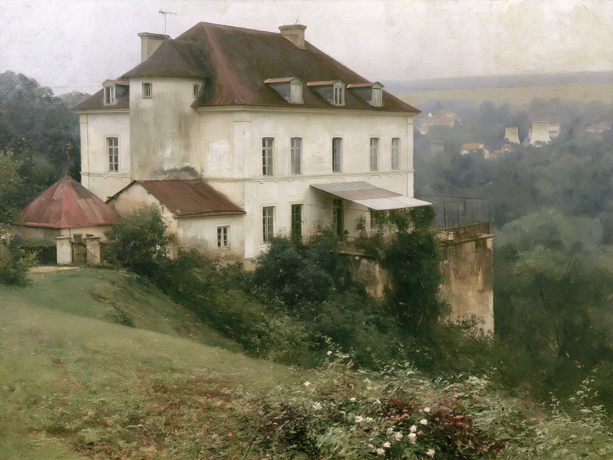 Oil painting style art print depicting a large white French country manor atop a lush green hillside, with dark reddish-brown hip roofs, dormer windows, climbing vines on a terrace, flanking outbuildings, wildflowers in the foreground, and a misty valley with rolling hills and a distant village in the background under an overcast sky.