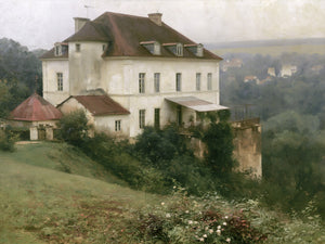 Oil painting style art print depicting a large white French country manor atop a lush green hillside, with dark reddish-brown hip roofs, dormer windows, climbing vines on a terrace, flanking outbuildings, wildflowers in the foreground, and a misty valley with rolling hills and a distant village in the background under an overcast sky.