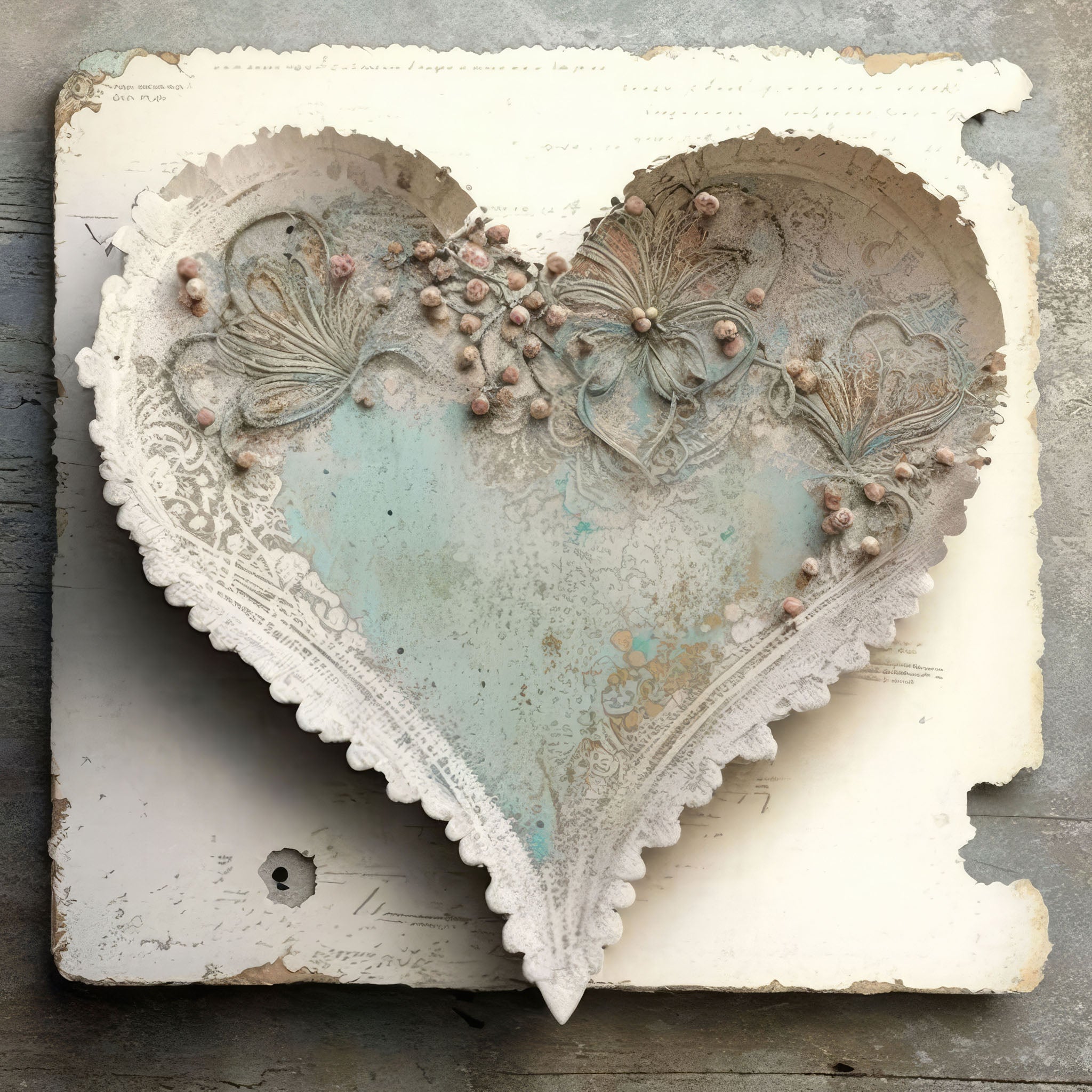 Encaustic art of a heart in soft, distressed tones with textured surfaces and vintage-inspired details, featuring pastel colors and lace patterns for a romantic, nostalgic, and elegant design.