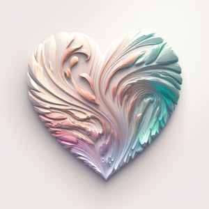 Artwork of a heart with soft pastel frosting in pink, teal, and white, featuring whimsical swirls and a creamy texture for a romantic and celebratory design.