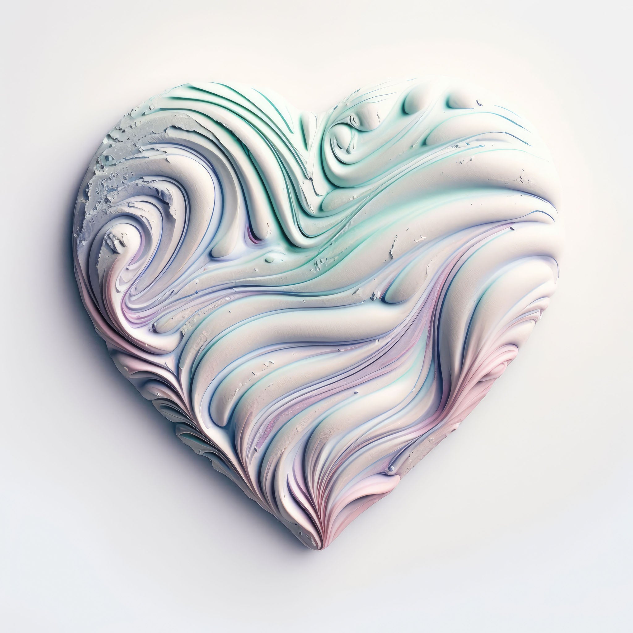 Artwork of a heart with a frosted texture in pastel pink, blue, and green, featuring swirling, creamy details for a romantic and serene design.