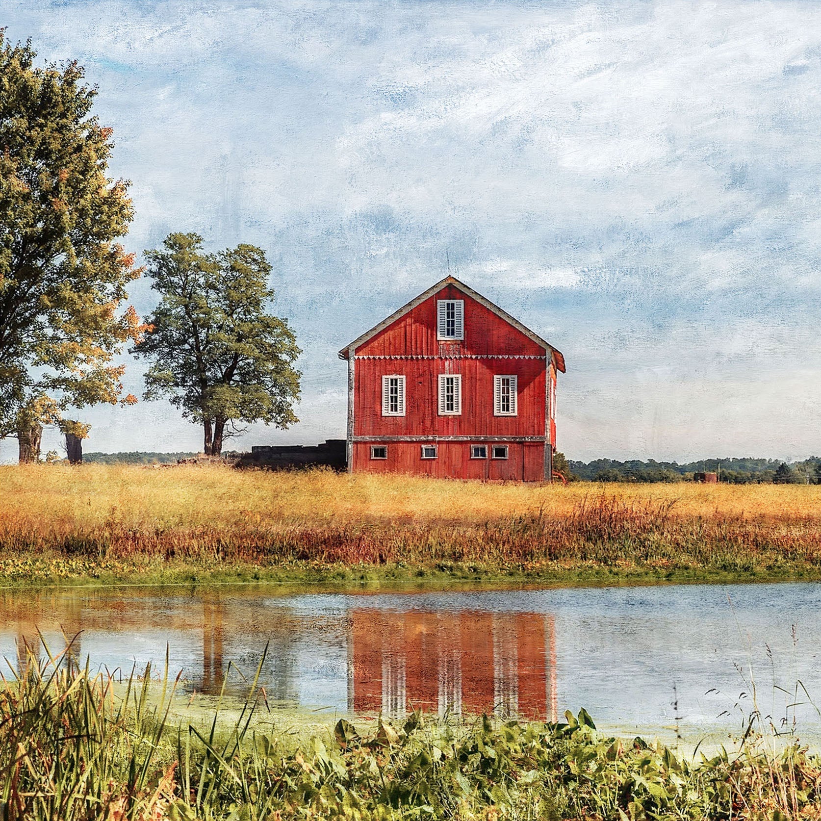 Artwork of a red barn beside a tree with reflections in the water, set against a serene countryside backdrop with vibrant colors and traditional rural elements.