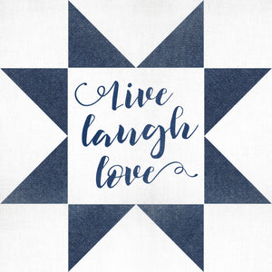 Artwork of a quilt block with the inspirational phrase "Live Laugh Love" in navy and white, featuring patchwork design and elegant cursive script, adding a cozy and comforting touch to home decor.