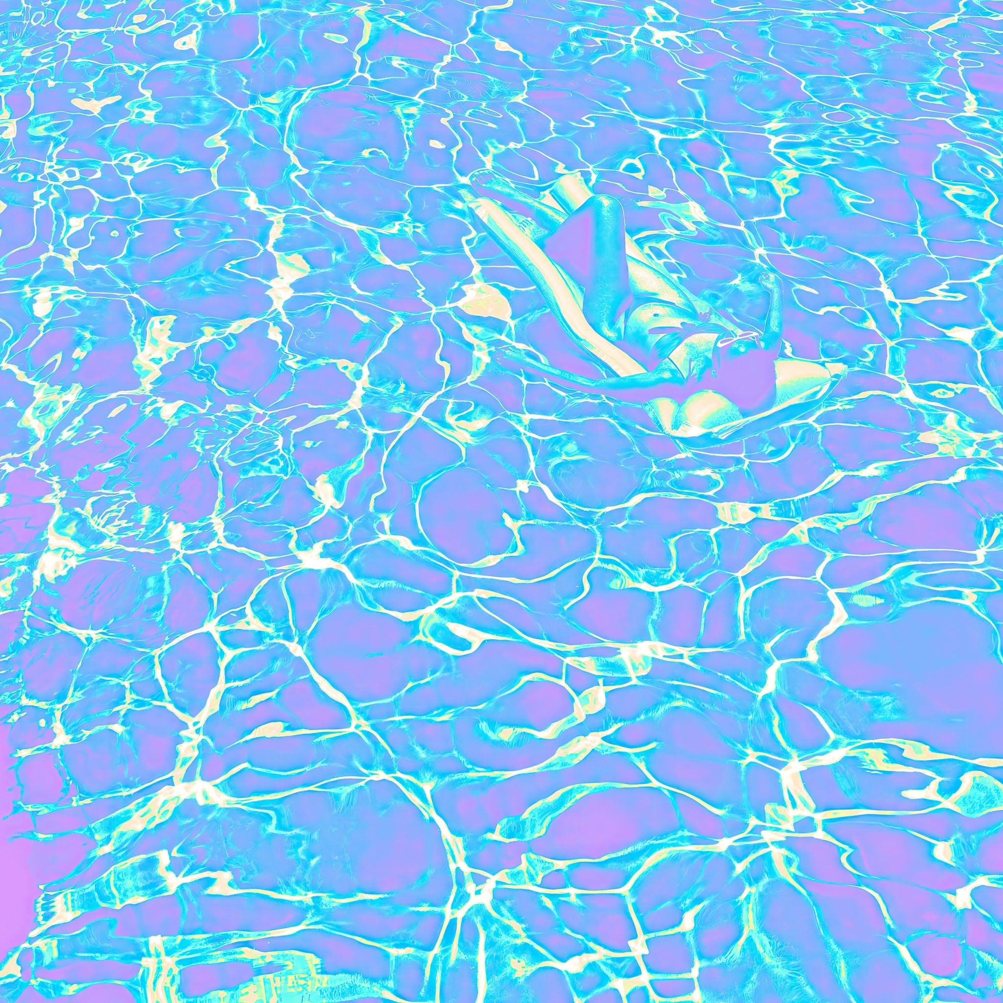 Abstract artwork of sunbathing by the pool with vibrant blue and purple hues, featuring a serene depiction of water, sunbeams, and swimwear, evoking summer relaxation and vacation vibes.