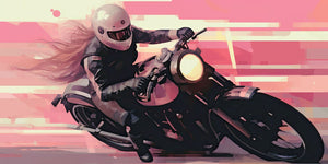 Vibrant illustration of a stylish woman in rose gold and pink, immersed in her passion for motorcycles while listening to music through colorful earphones, capturing the dynamic energy of pop culture and hobbies.