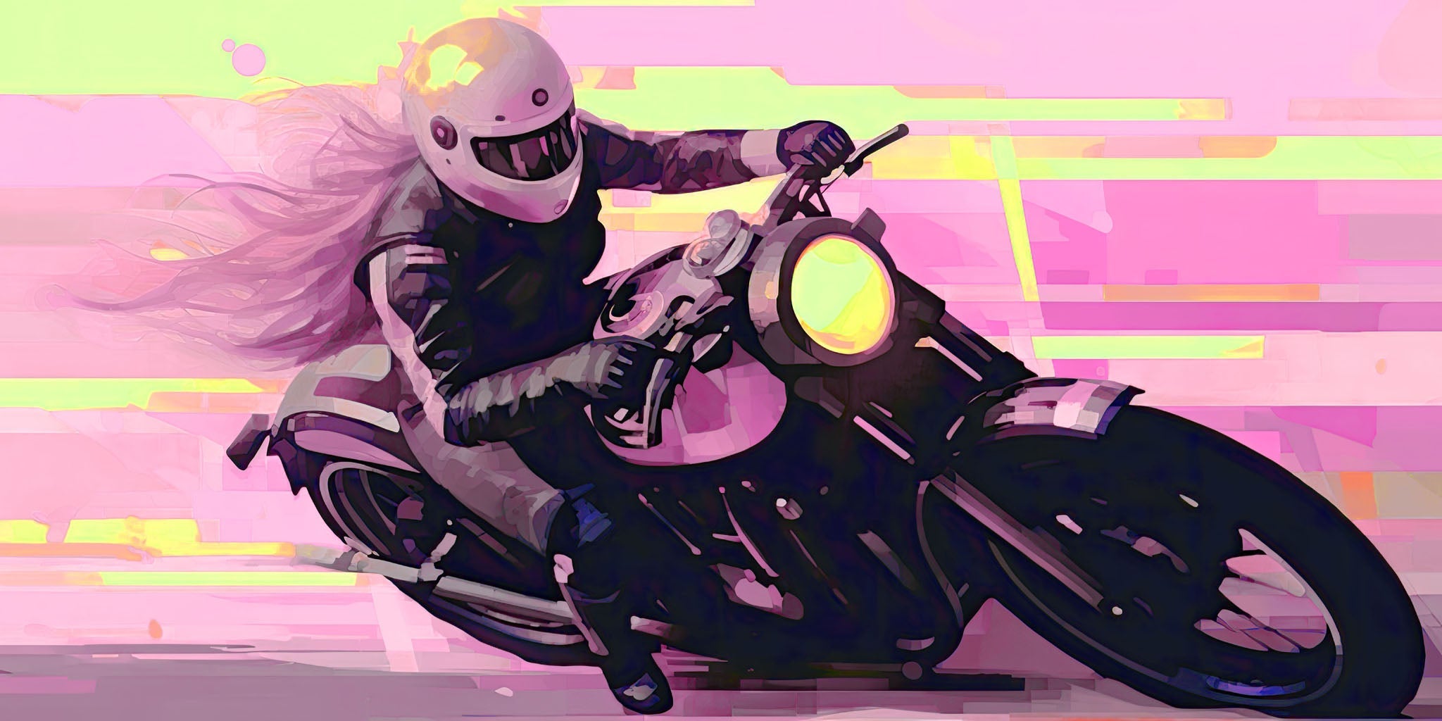 Vibrant illustration of a stylish woman in pink and yellow, immersed in her passion for motorcycles while listening to music through colorful earphones, capturing the dynamic energy of pop culture and hobbies.