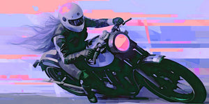 Vibrant illustration of a stylish woman in pink and purple, immersed in her passion for motorcycles while listening to music through colorful earphones, capturing the dynamic energy of pop culture and hobbies.