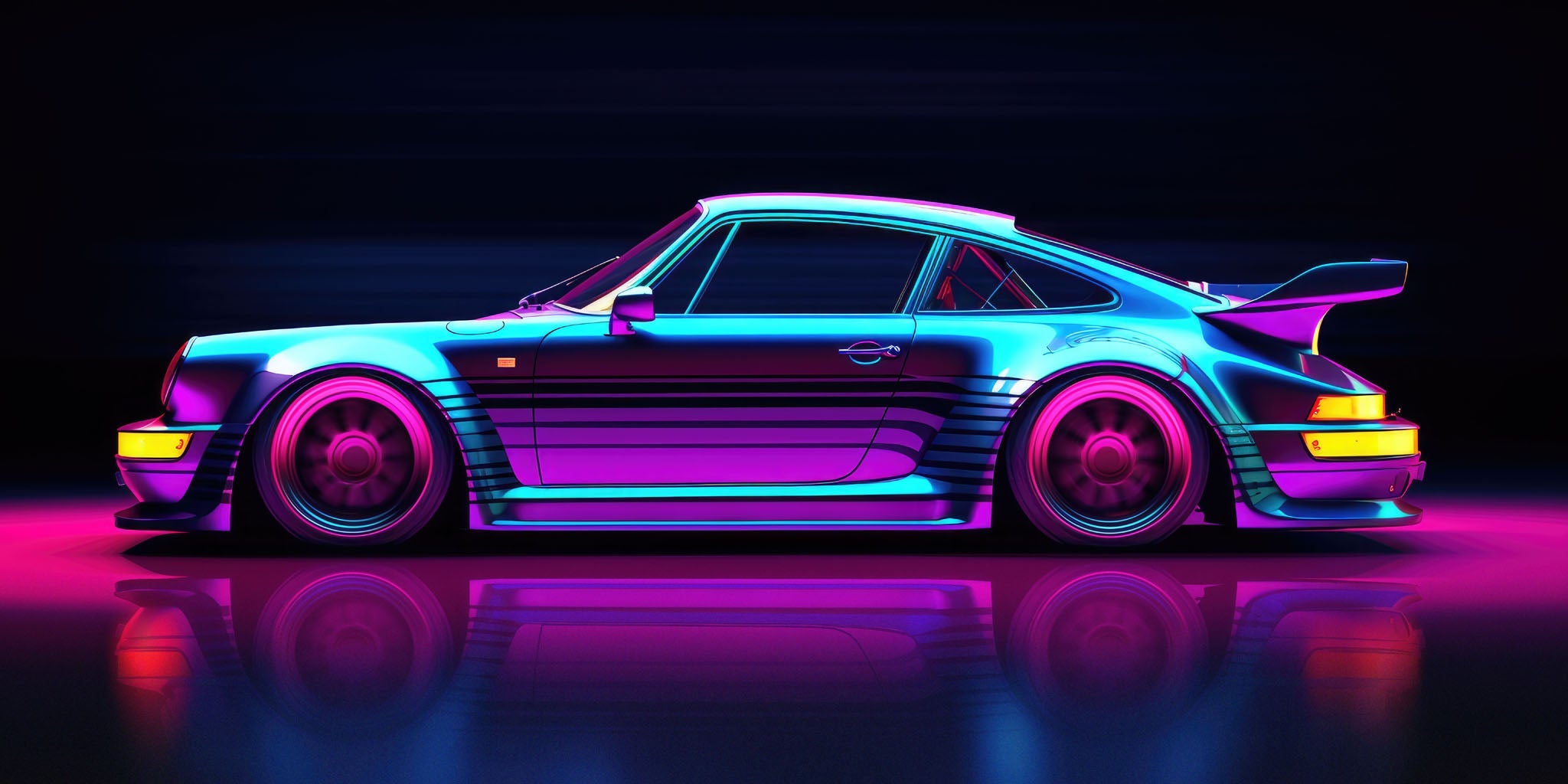 Stylized illustration a custom Porsche against a vibrant vapor wave backdrop, capturing the essence of freedom, adventure, and pop culture.