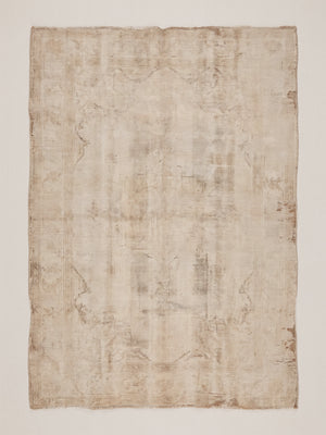 Fine art print of a heavily aged and distressed cream and warm beige flat-woven textile, photographed flat, showing faded medallion motifs, frayed edges, and natural patina consistent with a vintage Turkish or Persian flat-weave rug.