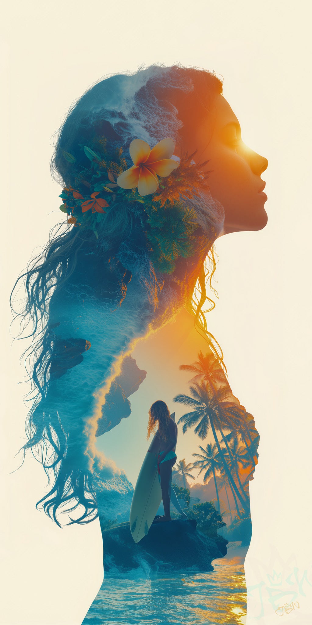 Vertical double-exposure digital art print showing the profile silhouette of a young woman with long flowing hair adorned with plumeria flowers and tropical foliage. Within her silhouette, a coastal scene features turquoise ocean waves, rocky cliffs, swaying palm trees in golden sunset light, and a lone female surfer standing on a rock holding a surfboard. The left side of the image is cool ocean blue; the right side glows in warm amber and gold.