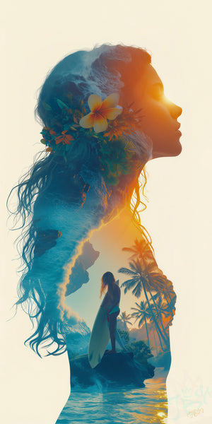 Vertical double-exposure digital art print showing the profile silhouette of a young woman with long flowing hair adorned with plumeria flowers and tropical foliage. Within her silhouette, a coastal scene features turquoise ocean waves, rocky cliffs, swaying palm trees in golden sunset light, and a lone female surfer standing on a rock holding a surfboard. The left side of the image is cool ocean blue; the right side glows in warm amber and gold.