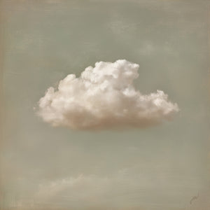Classical oil painting-style fine art print depicting a single soft cumulus cloud centered against a muted sage-green and warm gray sky, rendered in creamy whites and warm beige shadows with visible canvas texture and a subtle artist signature in the lower right corner.