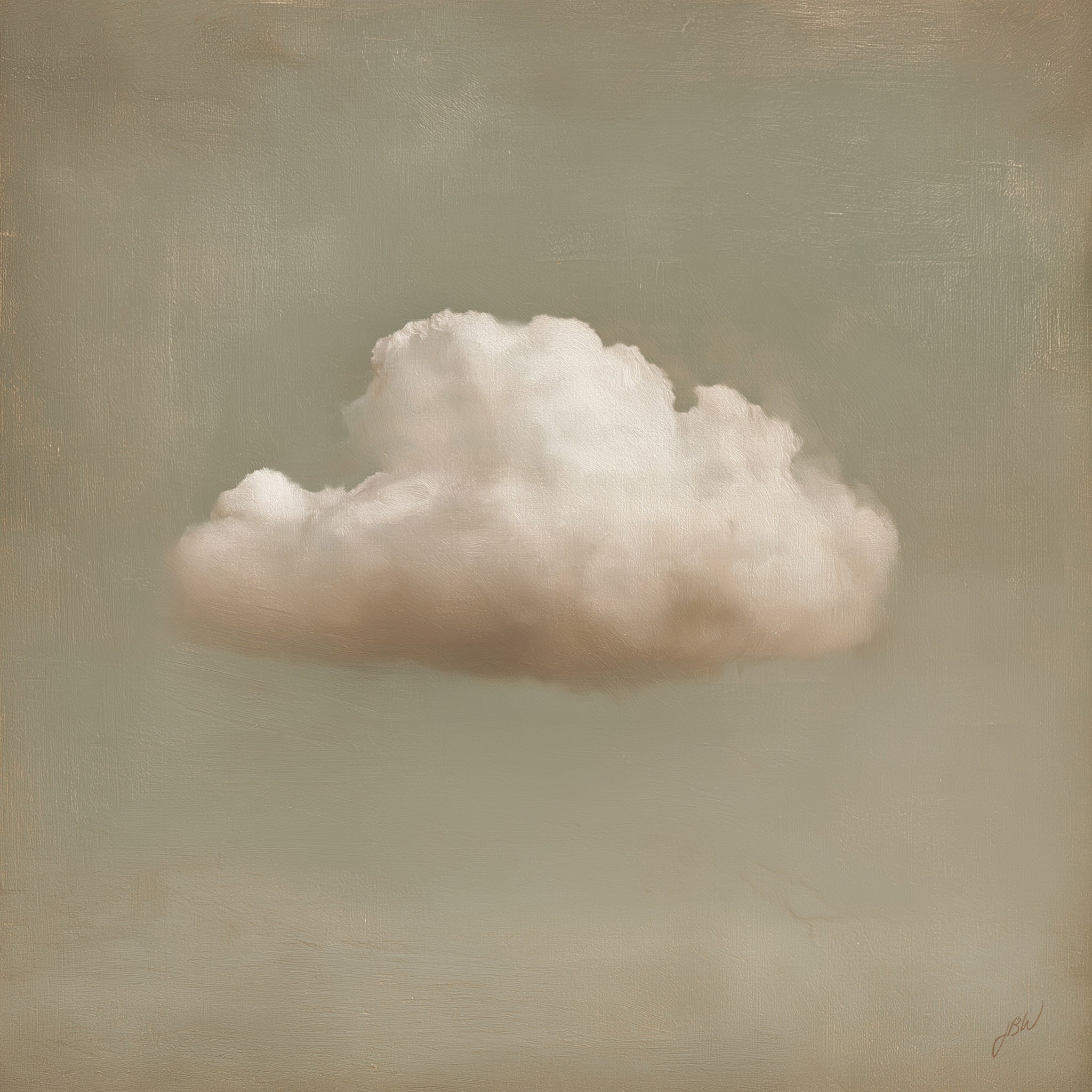 Oil painting style fine art print titled Adrift by Jay Bryant Ward, depicting a single luminous cumulus cloud centered against a muted sage and warm taupe textured background, with white highlights at the cloud's crown and soft brown shadows at its base, square format.