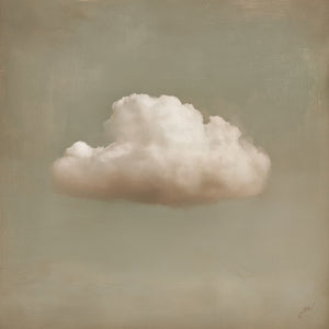 Oil painting style fine art print titled Adrift by Jay Bryant Ward, depicting a single luminous cumulus cloud centered against a muted sage and warm taupe textured background, with white highlights at the cloud's crown and soft brown shadows at its base, square format.