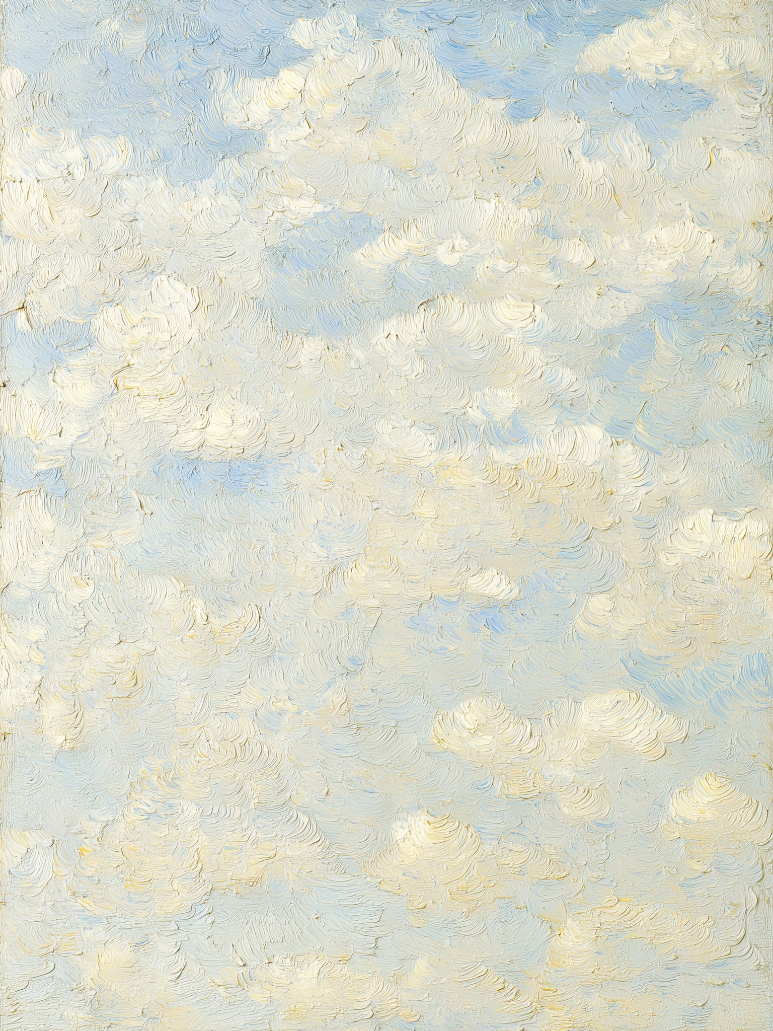 Vertical oil painting print in an impressionist style depicting billowing cumulus clouds rendered in creamy whites and warm ivory-yellows with richly textured impasto brushstrokes against a soft periwinkle blue sky, by artist Jay Bryant Ward.