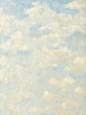 Vertical oil painting print in an impressionist style depicting billowing cumulus clouds rendered in creamy whites and warm ivory-yellows with richly textured impasto brushstrokes against a soft periwinkle blue sky, by artist Jay Bryant Ward.