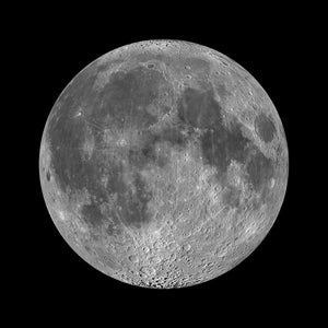 High-resolution black-and-white fine art print of the full Moon's nearside against a pure black background, showing dark lunar maria including Mare Tranquillitatis and Mare Imbrium, bright highland regions, numerous impact craters, and prominent ray systems from craters Tycho and Copernicus.